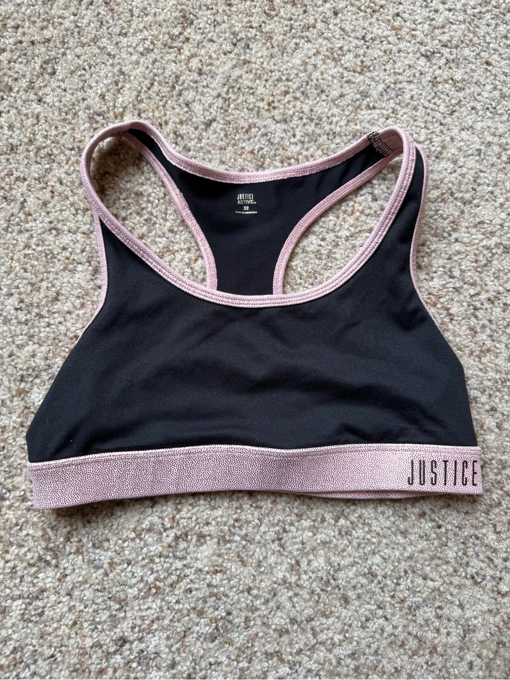 Justice Black Sports Bra with Pink Trim and Branded Band